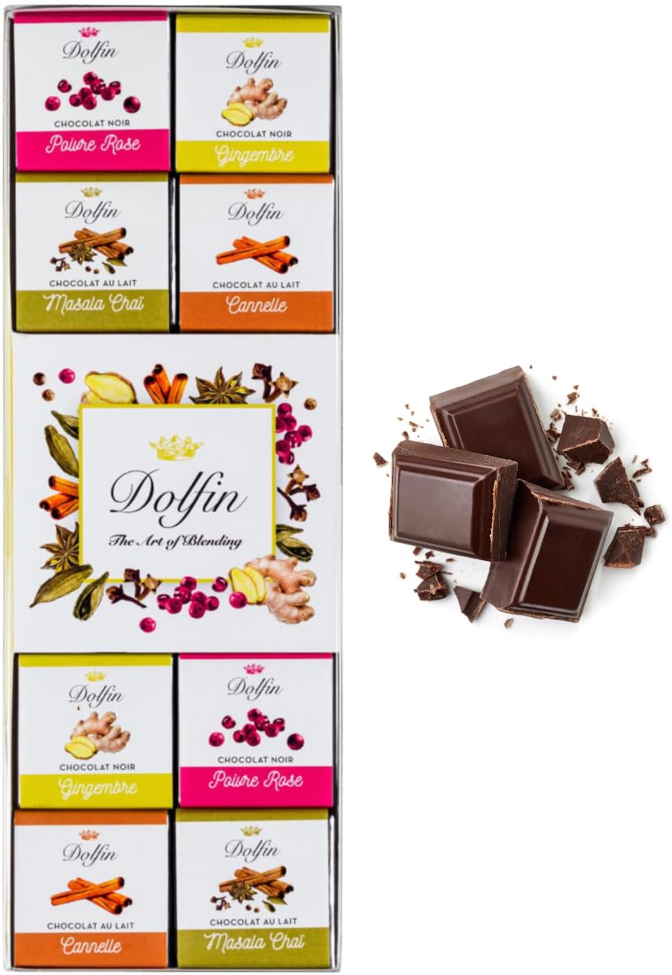 Dolfin® | Caisse de 24 Carrè Assortis | Chocolats assortis 12 saveurs épicées | Chocolats cadeaux | Boites de Chocolats - 108 Gr