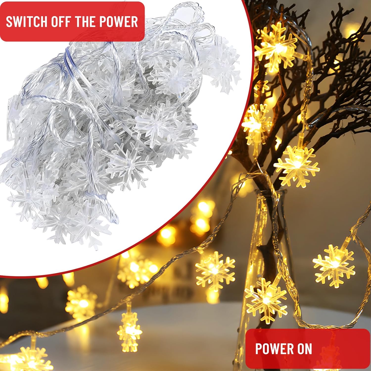 ZoneYan Guirlande Lumineuse Flocon de Neige, 6M 40 LED à Piles Fairy Lights, 2 Modes d'éclairage, pour Decoration Sapin de Noel Mariage Fête Jardin Chambre à Coucher Intérieur Extérieur – Image 4