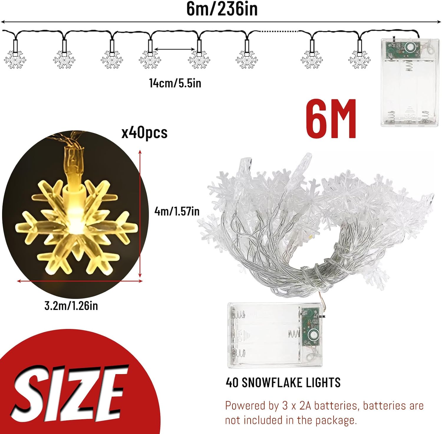 ZoneYan Guirlande Lumineuse Flocon de Neige, 6M 40 LED à Piles Fairy Lights, 2 Modes d'éclairage, pour Decoration Sapin de Noel Mariage Fête Jardin Chambre à Coucher Intérieur Extérieur – Image 3