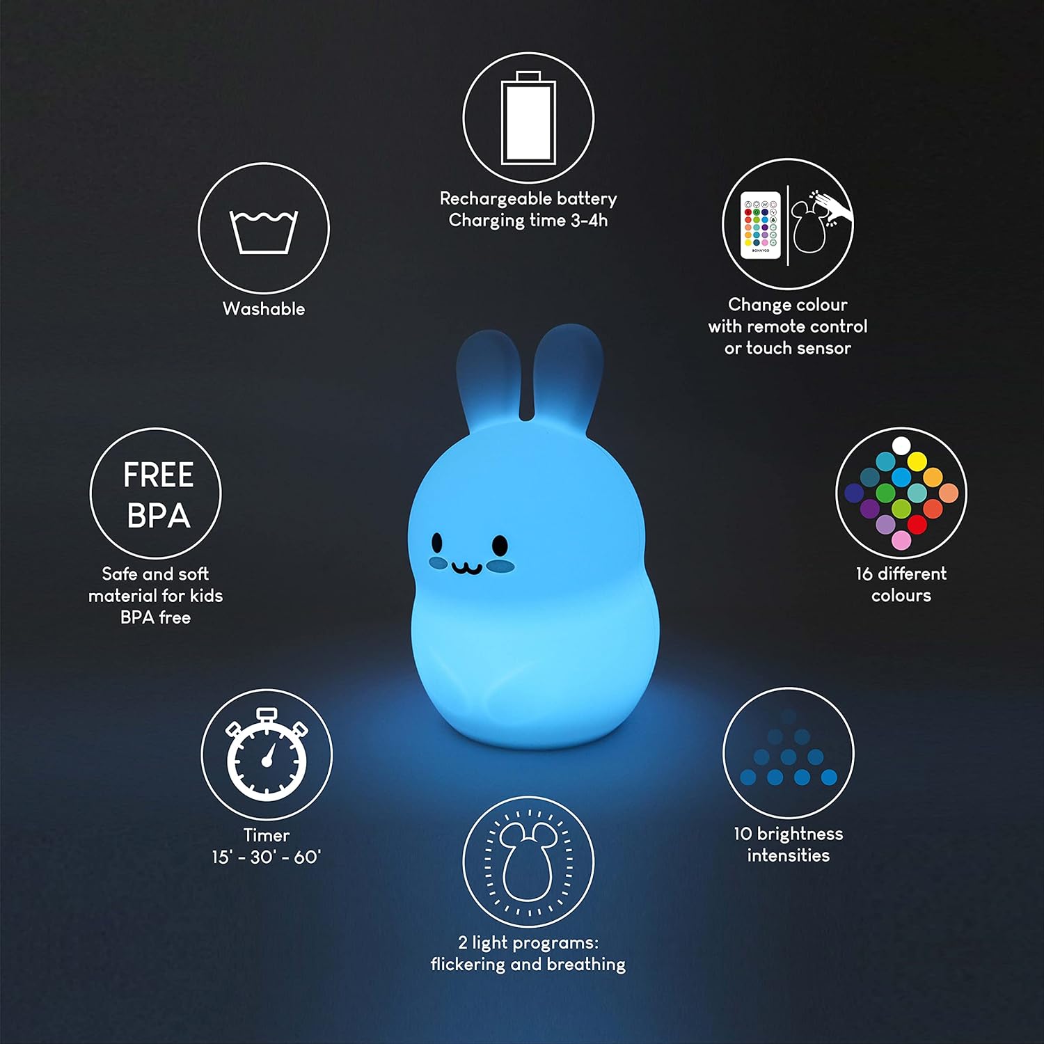 Veilleuse Enfant avec Télécommande, Contrôle Tactile 16 Couleurs - BONNYCO | Lapin Veilleuse Bébé avec Minuterie | Lampe Veilleuse Led Sans BPA | Veilleuse Enfant Rechargeable Cadeau Bebe Fille – Image 6