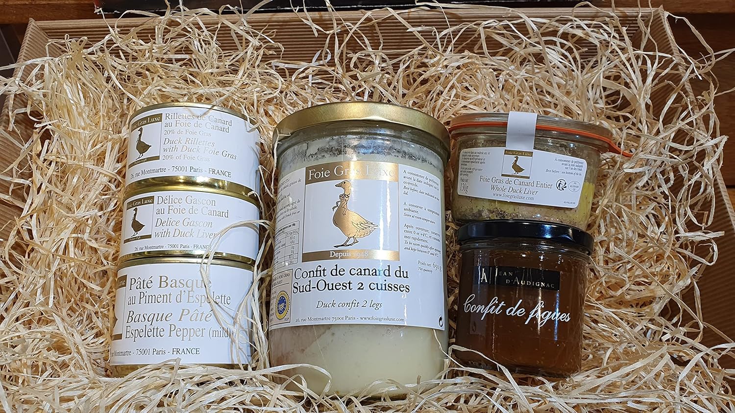 Coffret Foie Gras Confit - Panier Gourmand Coffret Cadeau Sans Alcool - 5 Spécialités de la Ferme au Foie Gras - 100% FR - Sans additifs Sans Conservateurs Sans OGM