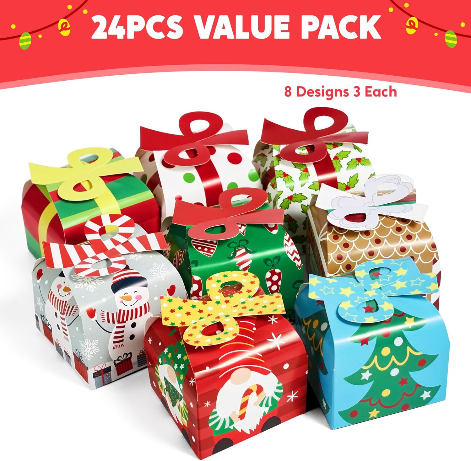 Lot de 24 Boîtes Cadeaux de Noël 3D avec Nœud 🎀 | Boîtes Cartonnées pour Friandises, Biscuits & Petits Cadeaux | 8 Designs Festifs – Image 6