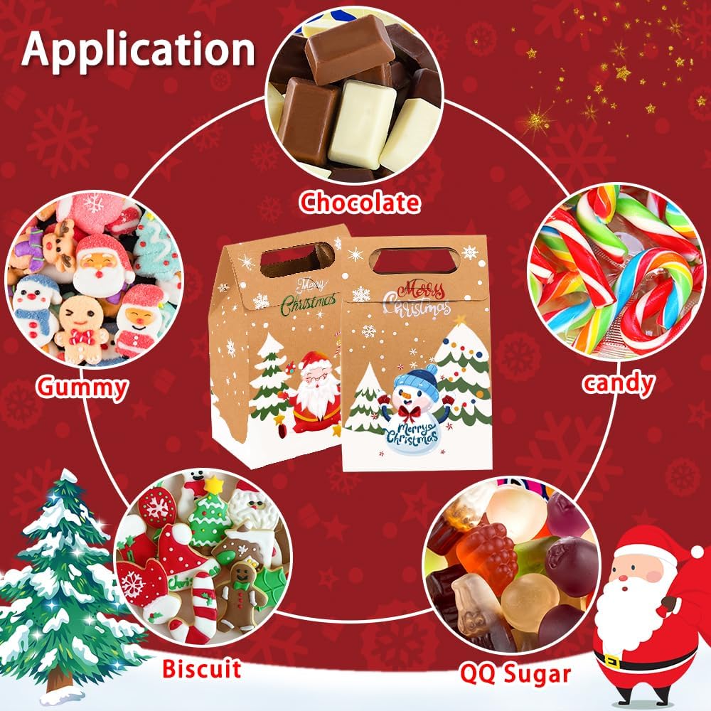 Lot de 24 Boîtes Cadeaux Kraft de Noël | Sachets en Papier Épais pour Bonbons, Biscuits, Petits Cadeaux | 6 Motifs Festifs